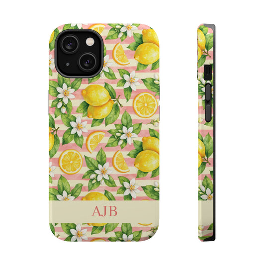 A phone case shown from the back and side on a white background. The case features a pastel pink striped pattern decorated with watercolor-style lemons, green leaves, and white flowers, with a cream-colored bottom band personalized with the initials.